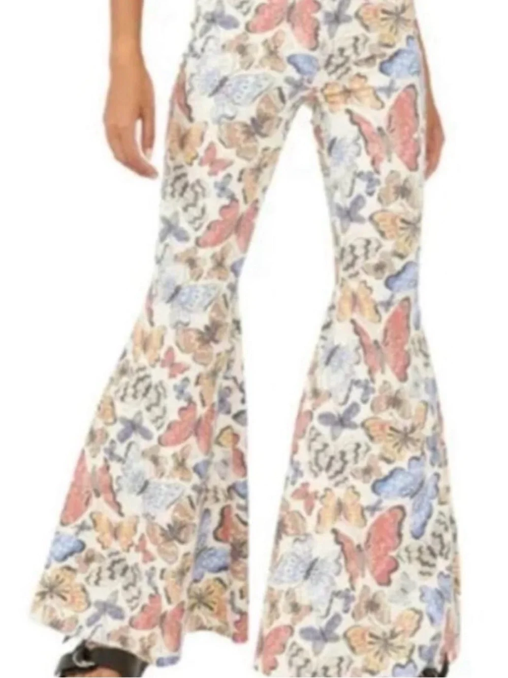 Free People Beige Floral Butterfly Print Boot Cut Flare Pants - Picture 2 of 3